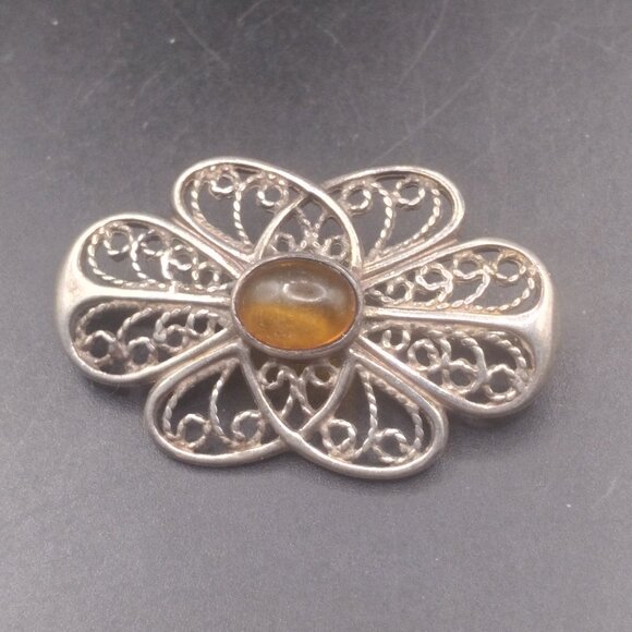 Jewelry - Vintage Sterling Silver Brooch with Amber Stone
